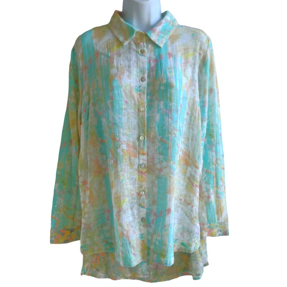 CoTToN GauZe Soft Surroundings Ensconce Tunic Shirt Watercolor Hi Low Rainbow L